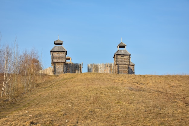 fortezza di legno nel campo vecchia struttura in legno russa torre del villaggio nel campo antica russia