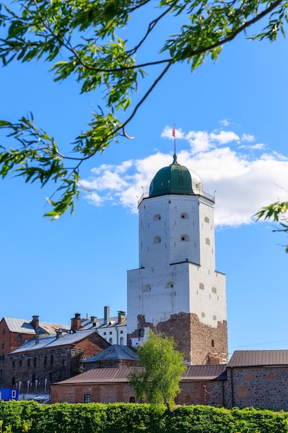 Fortezza medievale nel castello di Vyborg sull'acqua contro il cielo blu con fogliame verde