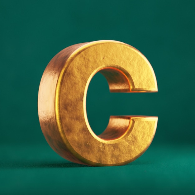 Fortuna Gold Lettera C maiuscola su sfondo verde Tidewater. Simbolo del tipo di carattere di colore di tendenza. rendering 3D.