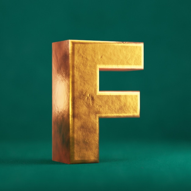 Fortuna oro lettera F maiuscola su sfondo verde Tidewater. Simbolo del tipo di carattere di colore di tendenza. rendering 3D.