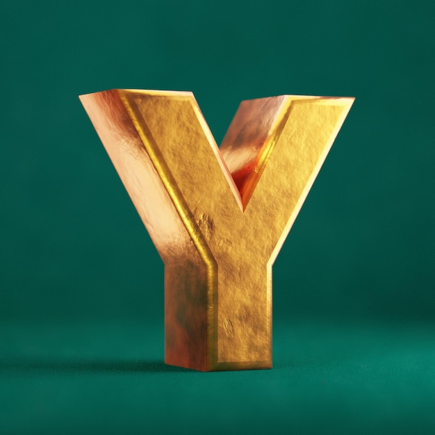 Fortuna oro lettera Y maiuscola su sfondo verde Tidewater. Simbolo del tipo di carattere di colore di tendenza. rendering 3D.
