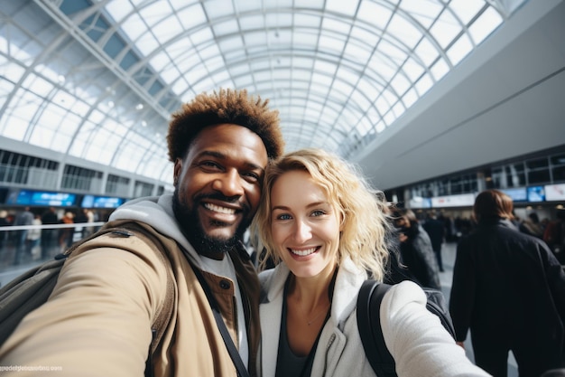 Fortunata coppia di turisti multietnici del millennio che si fanno un selfie nel terminal dell'aeroporto maschio allegro e