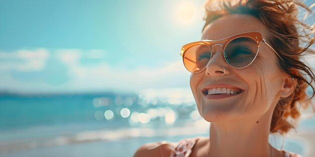 Fortunata donna di mezza età sulla spiaggia che abbraccia la vita naturale sotto il sole luminoso Concept Beach Photoshoot Natural Living Middleaged Woman Bright Sun Joyful Embrace