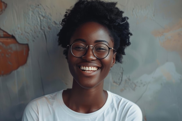 Fortunata giornalista afroamericana con capelli eleganti e occhiali.