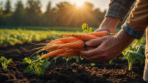 Fortunato contadino che tiene fresche e belle carote arancioni che crescono in un terreno fertile sul letto della fattoria