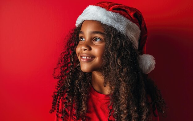 Fortunato ragazzo afroamericano che indossa il cappello di Babbo Natale sullo sfondo di Natale