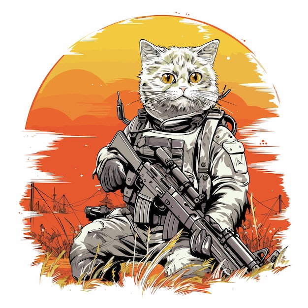 Forze speciali feline Illustrazione con gatto in uniforme militare di campo e armi in stile arte vettoriale Modello per adesivo per magliette ecc. Disegno poster