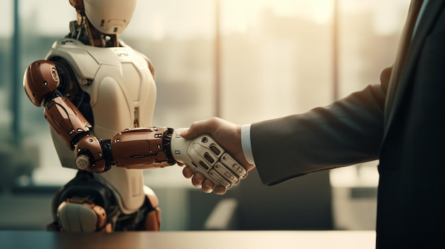 Foto 3d che rende la stretta di mano del robot umanoide per collaborare con la tecnologia futura