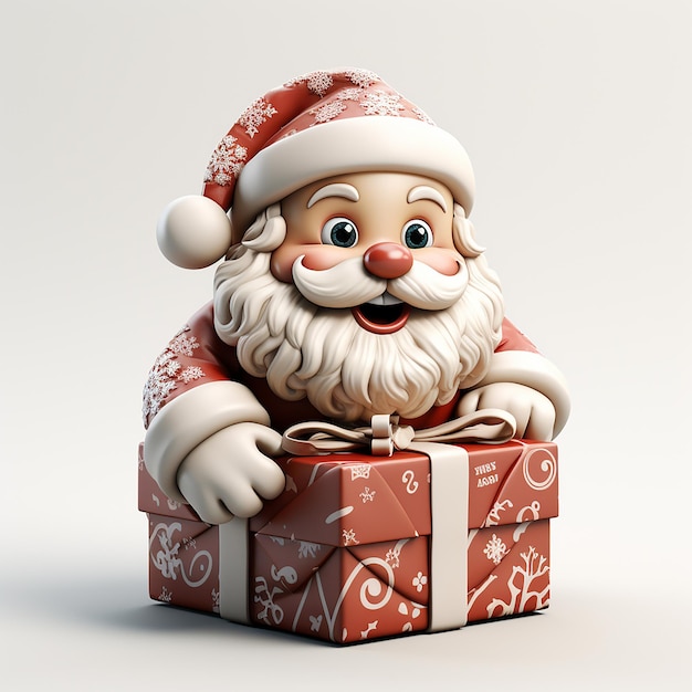 Foto 3D del personaggio dei cartoni animati Babbo Natale con scatola regalo Buon Natale e Capodanno con whi