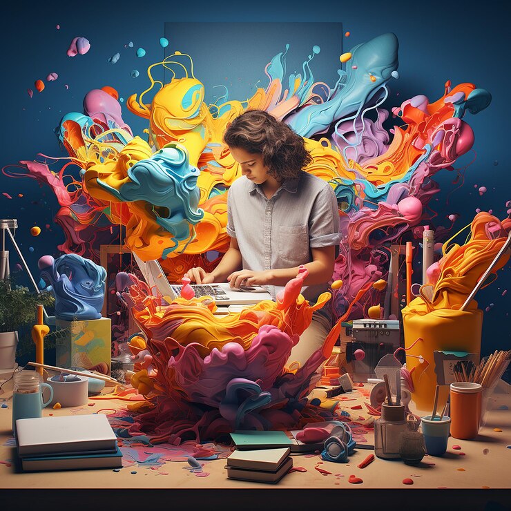 Foto 3D di artisti che fanno arte con colori vivaci