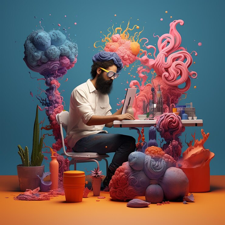Foto 3D di artisti che fanno arte con colori vivaci