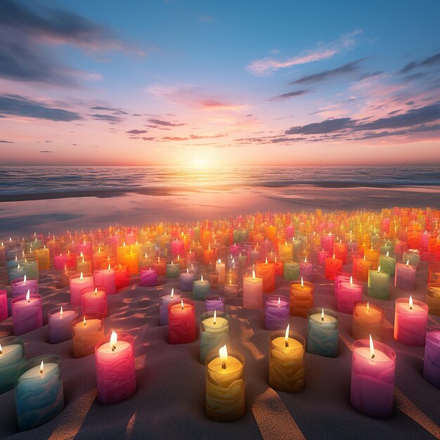 Foto 3D di candele colorate sulla spiaggia