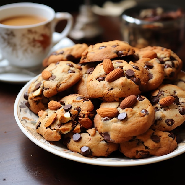 Foto 3D di deliziosi biscotti al cioccolato sullo sfondo astratto