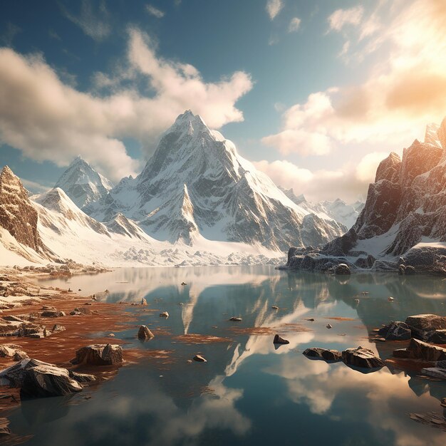 Foto 3D di Fantasy mountains illustrata con molta neve e un lago