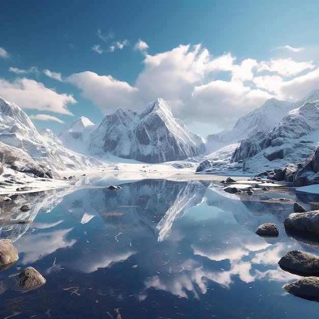 Foto 3D di Fantasy mountains illustrata con molta neve e un lago