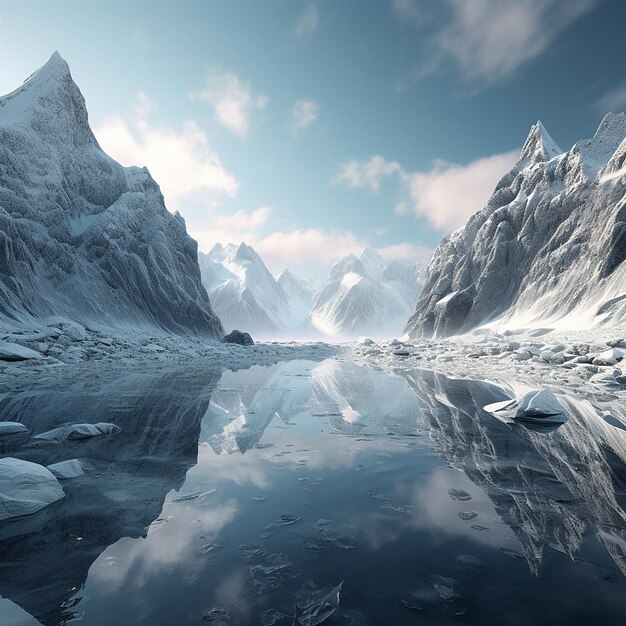 Foto 3D di Fantasy mountains illustrata con molta neve e un lago