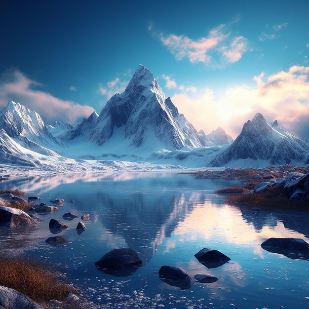 Foto 3D di Fantasy mountains illustrata con molta neve e un lago