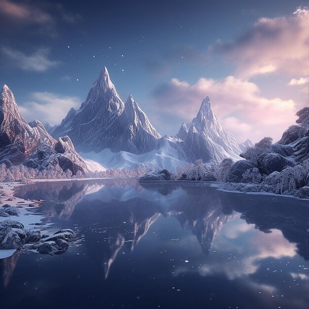 Foto 3D di Fantasy mountains illustrata con molta neve e un lago