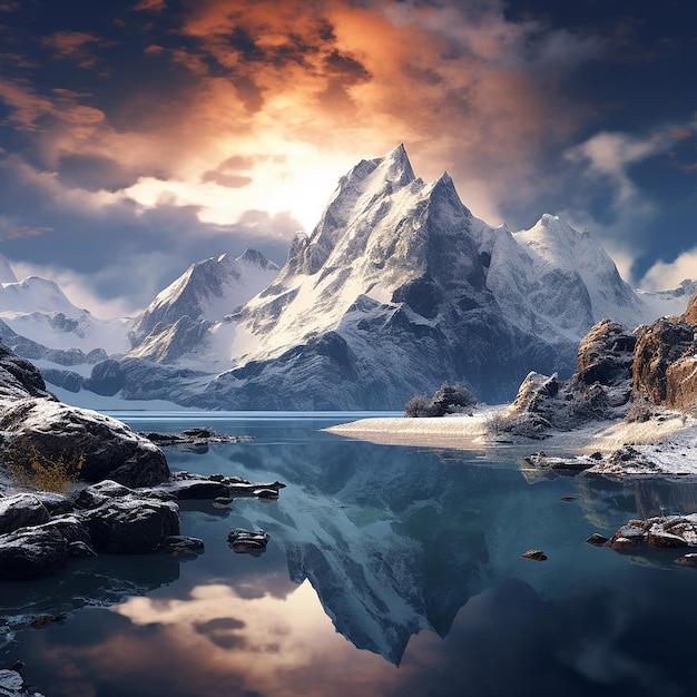 Foto 3D di Fantasy mountains illustrata con molta neve e un lago