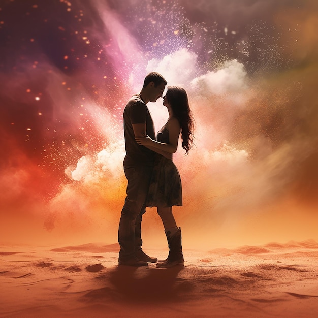 Foto 3D di giovani amanti di fronte a una tempesta di polvere colorata sullo sfondo