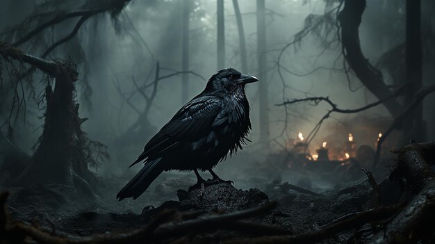 Foto 3D di un corvo su uno sfondo pericoloso e spaventoso