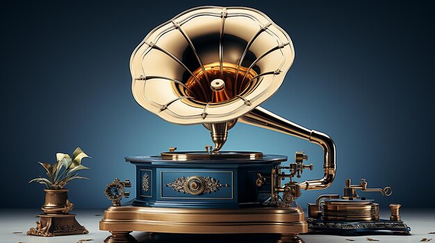 Foto 3D di un grammofono antico con carta da parati colorata per dischi in vinile