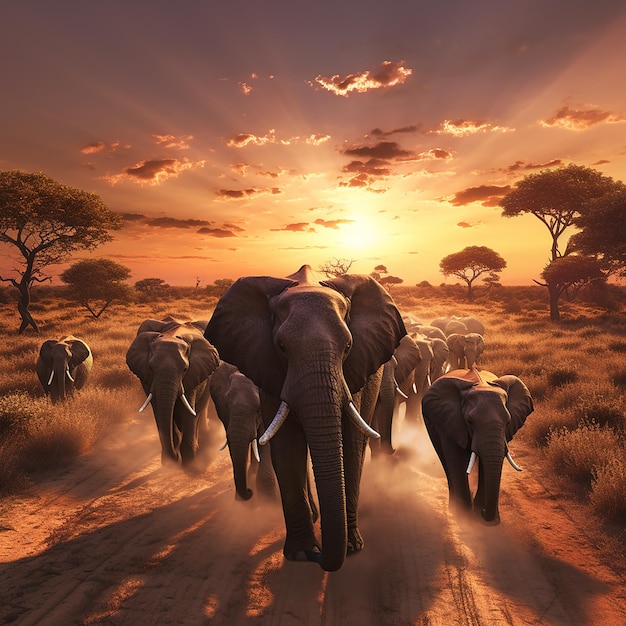 Foto 3D di un gregge di elefanti contro il tramonto