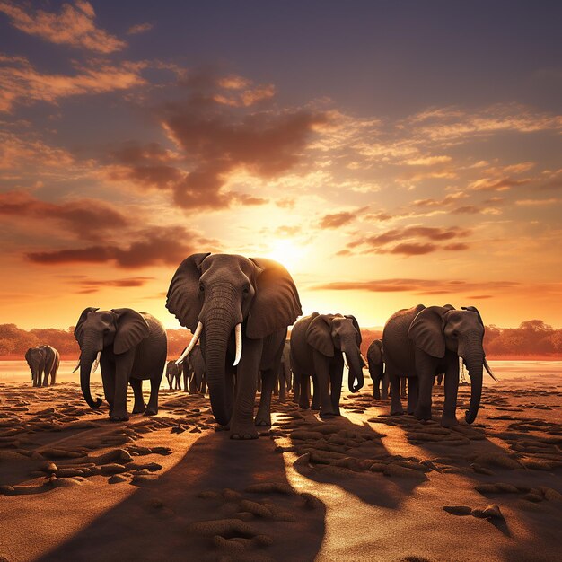Foto 3D di un gregge di elefanti contro il tramonto