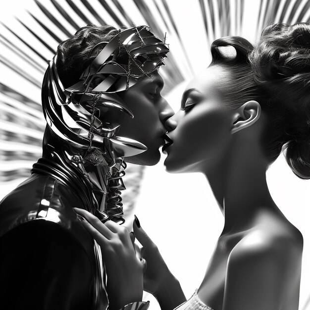 Foto 3D di un ritratto in bianco e nero di una coppia che si bacia
