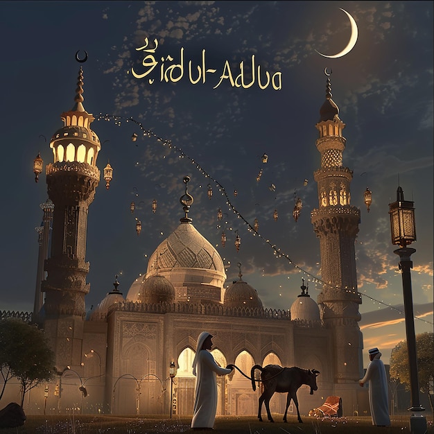 Foto 3D di un uomo musulmano di una moschea con una capra scritta EID ul ADHA sull'immagine luna in cima