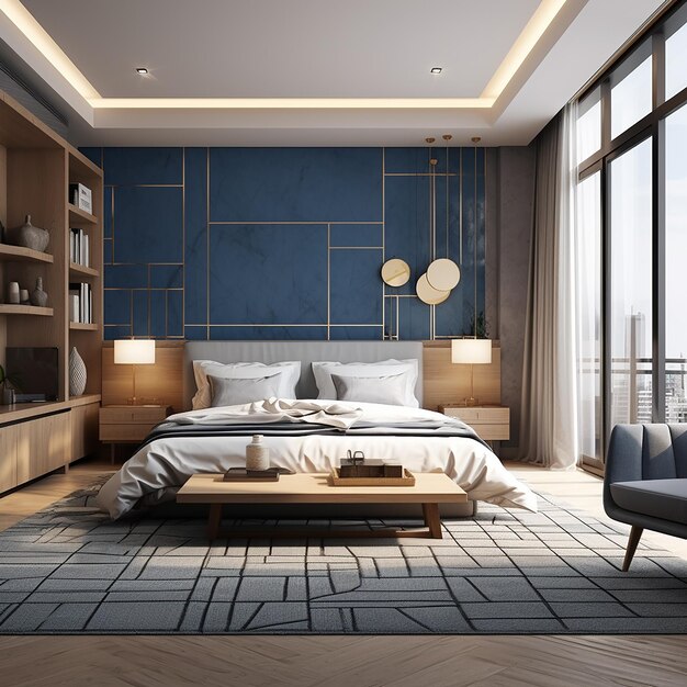 Foto 3D di una camera da letto moderna realizzata con AI generativa
