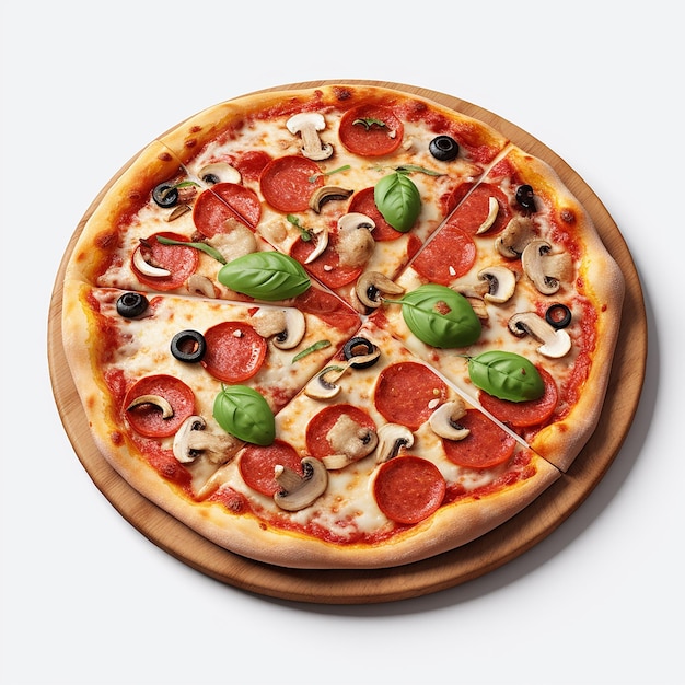 Foto 3D di una deliziosa pizza illustrata su sfondo bianco fatta con AI generativa