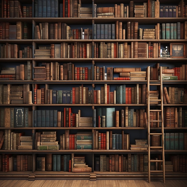 Foto 3D di una grande collezione di vecchi libri su scaffali in legno
