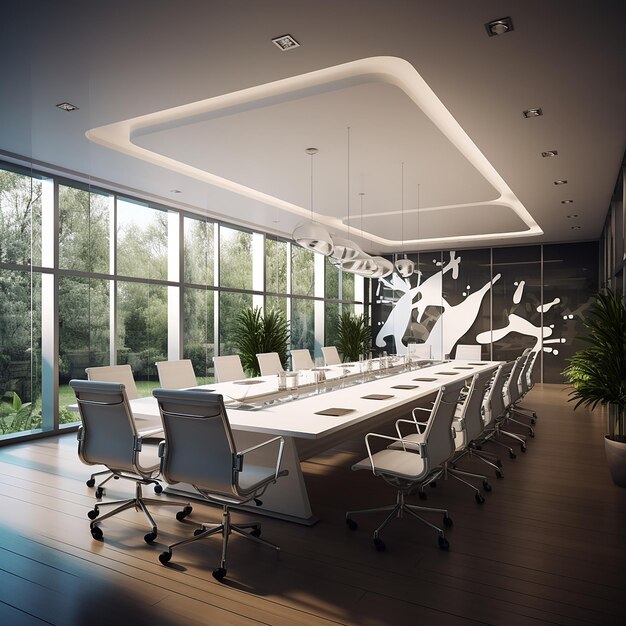Foto 3D di una moderna sala conferenze con tavolo e sedie realizzate con AI generativa