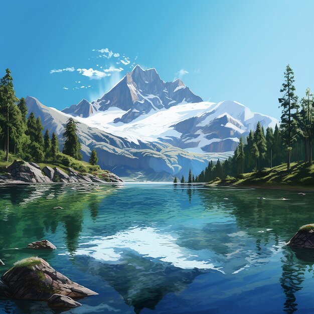 Foto 3D di una pittura di un lago di montagna con una montagna