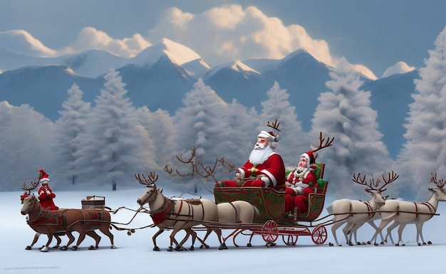 Foto 3d illustration Babbo Natale su una slitta che consegna regali