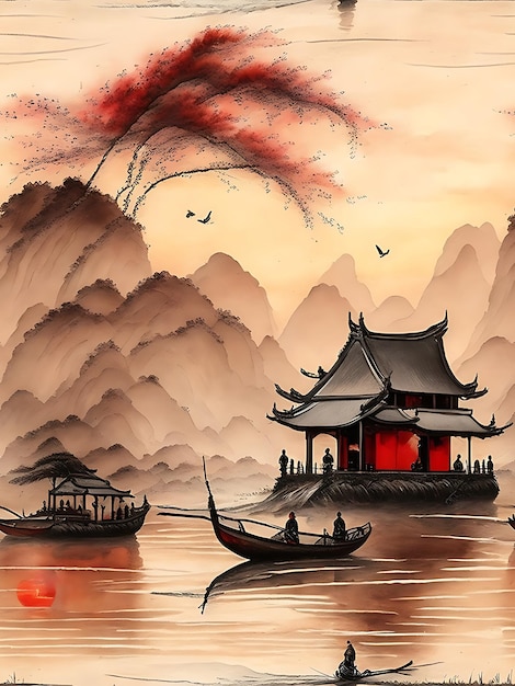 Foto a Acquerello Silenziato pittura a inchiostro cinese riso dai colori tenui