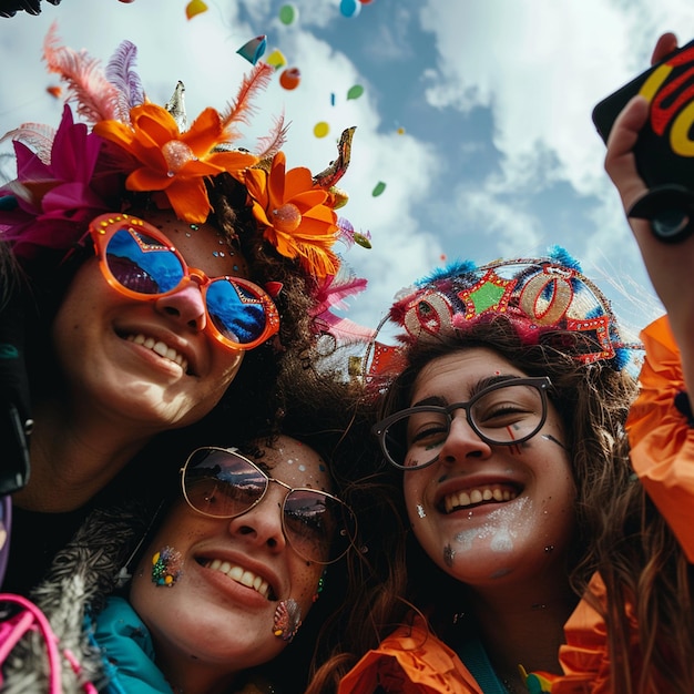 foto a basso angolo amici vestiti per il carnevale