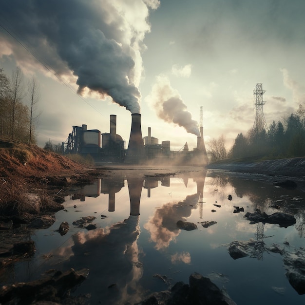 foto a basso angolo di vista di fabbrica industriale con fumo