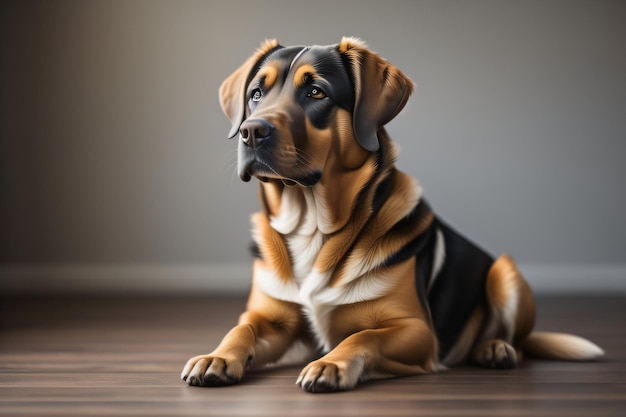 Foto a Cane seduto sul pavimento con uno sfondo pulito ai generativo