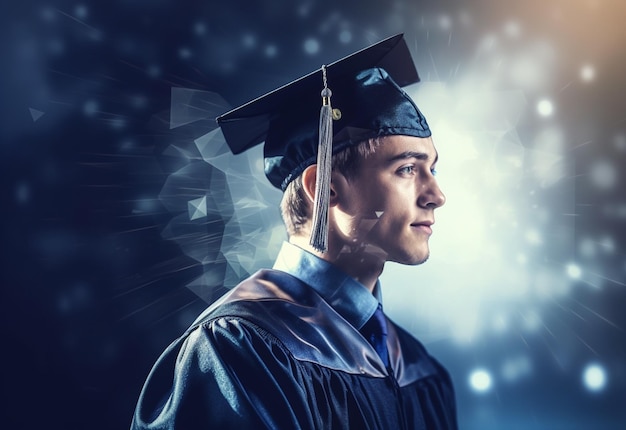Foto a doppia esposizione di giovane con immagine realistica di sfondo della tecnologia del cappello di laurea
