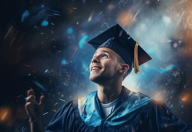 Foto a doppia esposizione di un giovane che lancia un'immagine realistica di sfondo della tecnologia del cappello di laurea