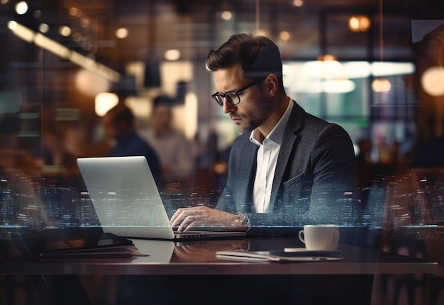 foto a doppia esposizione di un uomo d'affari che utilizza il computer portatile sulla sua scrivania con vista frontale sullo sfondo dell'ufficio