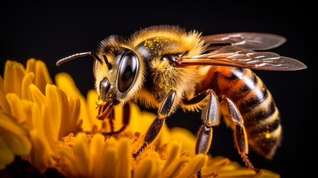 Foto a macroistruzione di un'ape seduta sui fiori Extreme macro alzato di un insetto Molto dettagliato