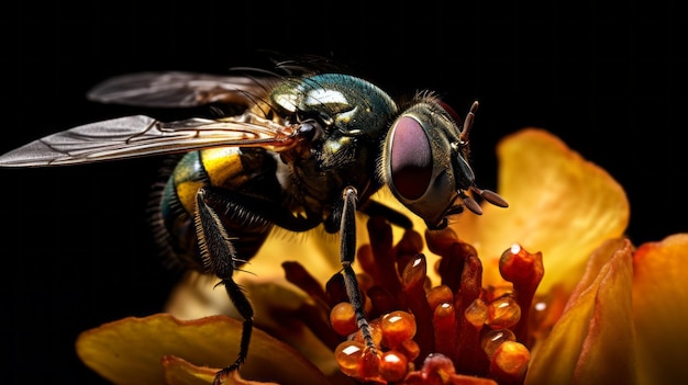 Foto a macroistruzione di una mosca seduta sui fiori Extreme macro alzato di un insetto Molto dettagliato