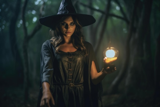 Foto a tema Halloween, la mistica di una strega al chiaro di luna. IA generativa