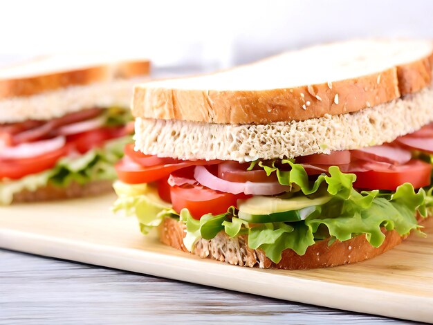 Foto ad alta risoluzione del gustoso panino su un tavolo generato dall'IA