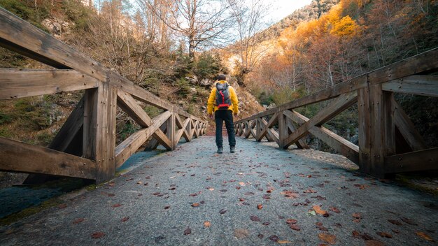 Foto ad alta risoluzione di un ragazzo che ammira il paesaggio del fiume Bellos nel canyon di Ordesa