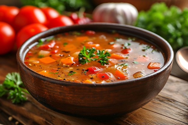 Foto ad alto angolo di una ciotola di deliziosa zuppa di verdure su un tavolo di legno
