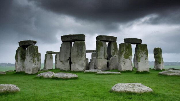 Foto ad alto contrasto delle pietre di Stonehenge a Sailsbury, Regno Unito, in una giornata nuvolosa e piovosa con l'erba verde